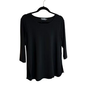 Sympli Knit Top Size 10 Black 3/4 Sleeves Scoop Neck Basic Office Casual Travel